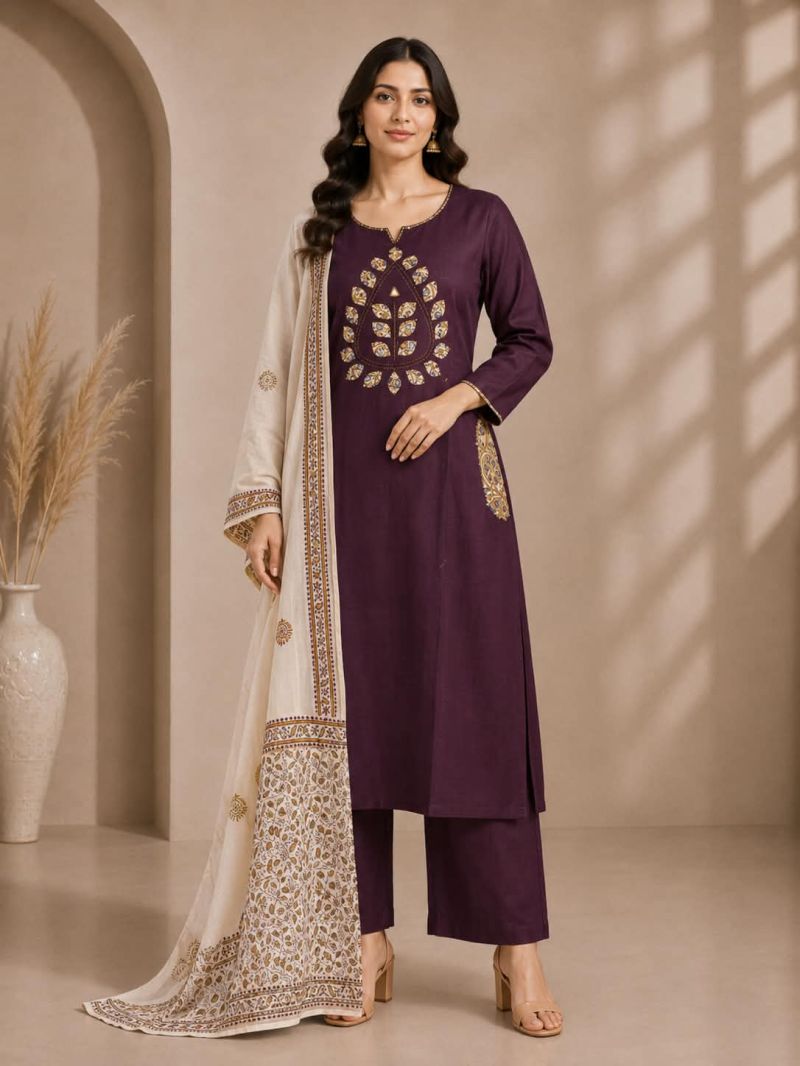 Naisha K 1216 Slub Cotton Aplic And Mirror Work Kurti With Bottom Dupatta Set