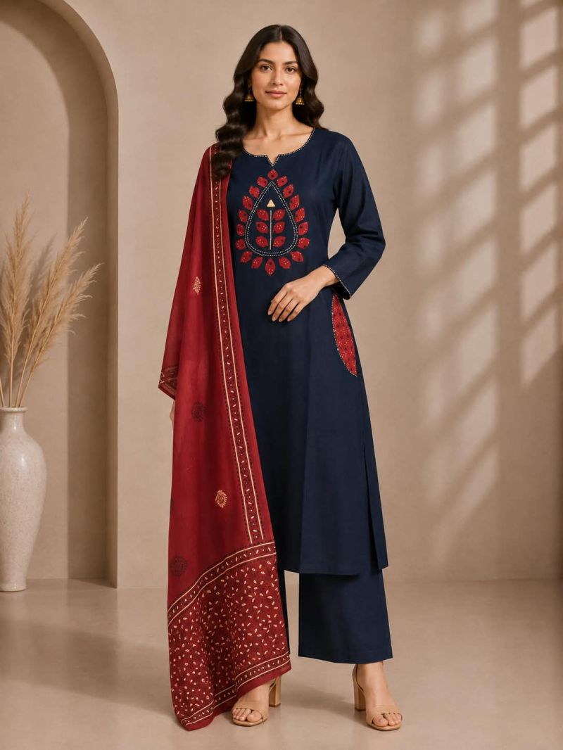 Naisha K 1216 Slub Cotton Aplic And Mirror Work Kurti With Bottom Dupatta Set — Wholesale Readymade Suit, Naisha wholesale from Surat — Photo 2