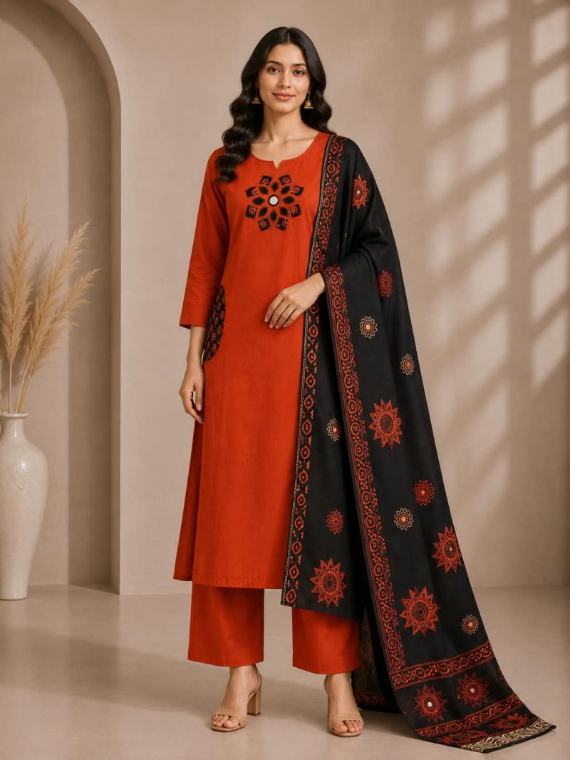 Naisha K 1216 Slub Cotton Aplic And Mirror Work Kurti With Bottom Dupatta Set — Wholesale Readymade Suit, Naisha wholesale from Surat — Photo 3