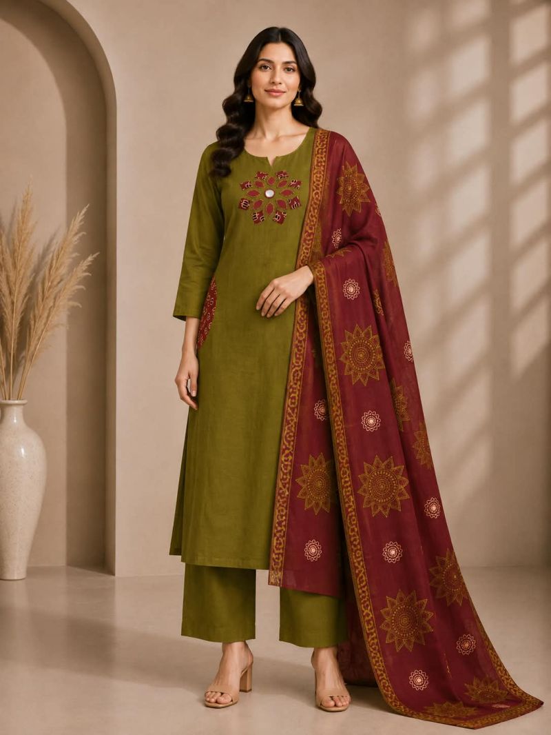 Naisha K 1216 Slub Cotton Aplic And Mirror Work Kurti With Bottom Dupatta Set — Wholesale Readymade Suit, Naisha wholesale from Surat — Photo 5