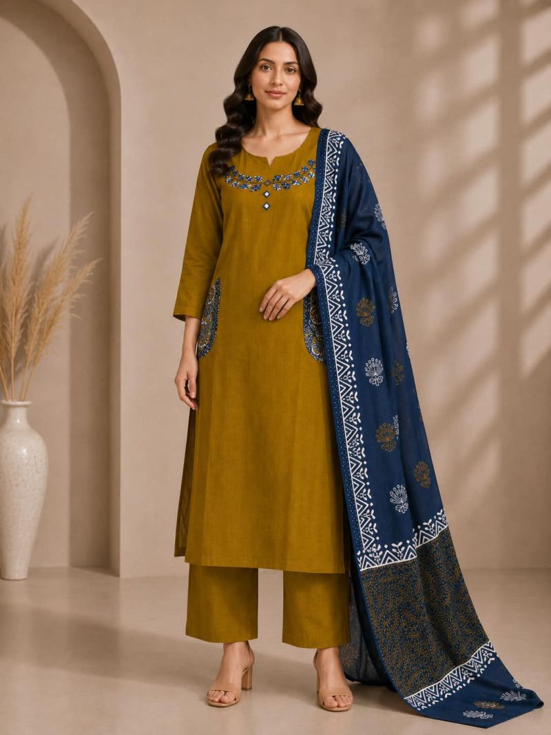 Naisha K 1216 Slub Cotton Aplic And Mirror Work Kurti With Bottom Dupatta Set — Wholesale Readymade Suit, Naisha wholesale from Surat — Photo 6