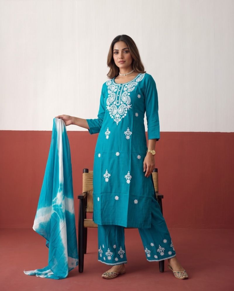 Naisha K 1225 Rayon Chikankari Work Kurti With Bottom Dupatta Set — Wholesale Readymade Suit, Naisha wholesale from Surat — Photo 2