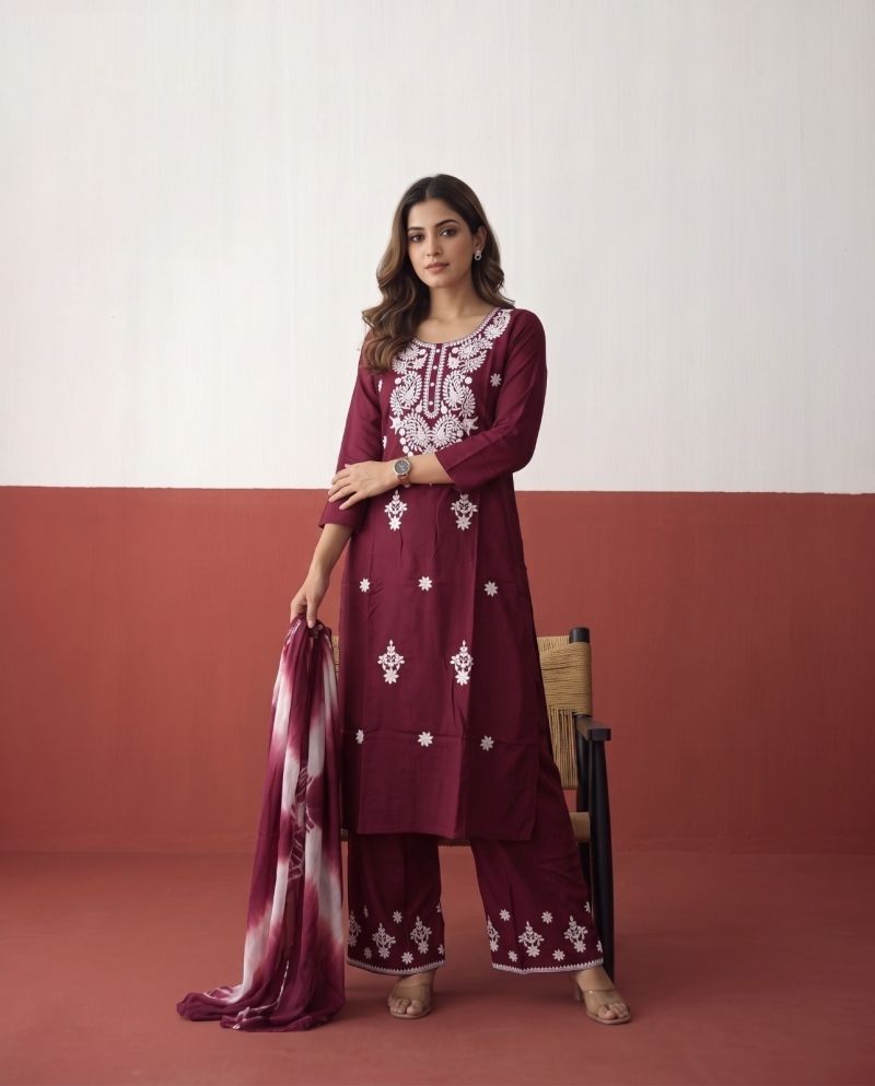 Naisha K 1225 Rayon Chikankari Work Kurti With Bottom Dupatta Set
