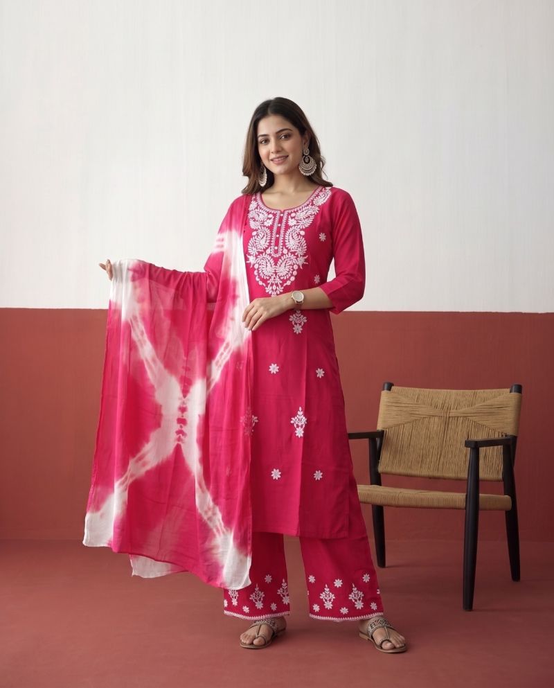 Naisha K 1225 Rayon Chikankari Work Kurti With Bottom Dupatta Set — Wholesale Readymade Suit, Naisha wholesale from Surat — Photo 4