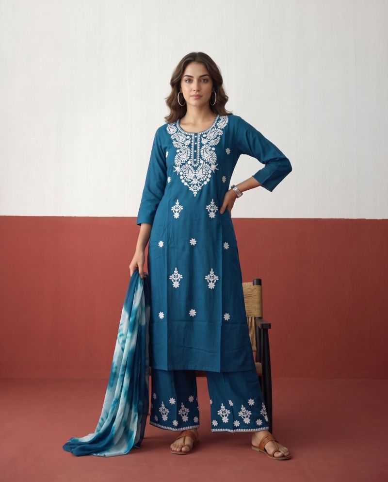 Naisha K 1225 Rayon Chikankari Work Kurti With Bottom Dupatta Set — Wholesale Readymade Suit, Naisha wholesale from Surat — Photo 5