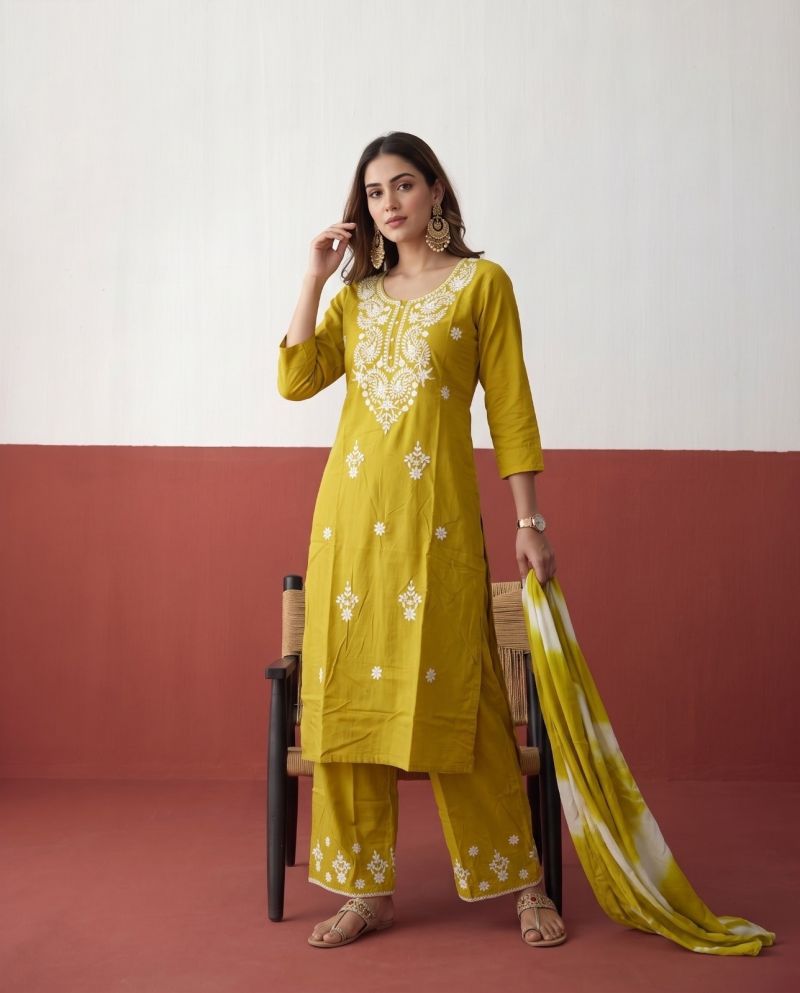 Naisha K 1225 Rayon Chikankari Work Kurti With Bottom Dupatta Set — Wholesale Readymade Suit, Naisha wholesale from Surat — Photo 6