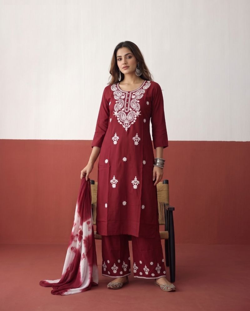 Naisha K 1225 Rayon Chikankari Work Kurti With Bottom Dupatta Set — Wholesale Readymade Suit, Naisha wholesale from Surat — Photo 7