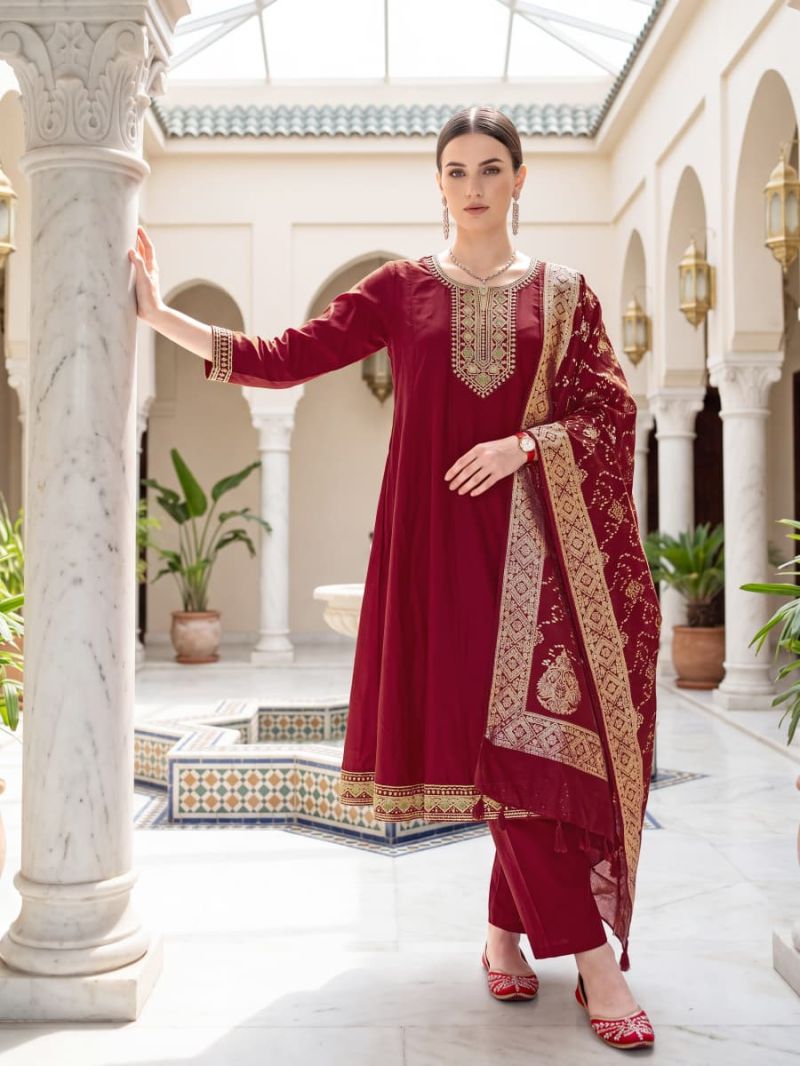 Ossm Resham Vol 3 Viscose Roman Silk Flared Kurti With Pant Dupatta Set — Wholesale Kurtis, Vardan Ethnic wholesale from Surat - Gallery Image 2