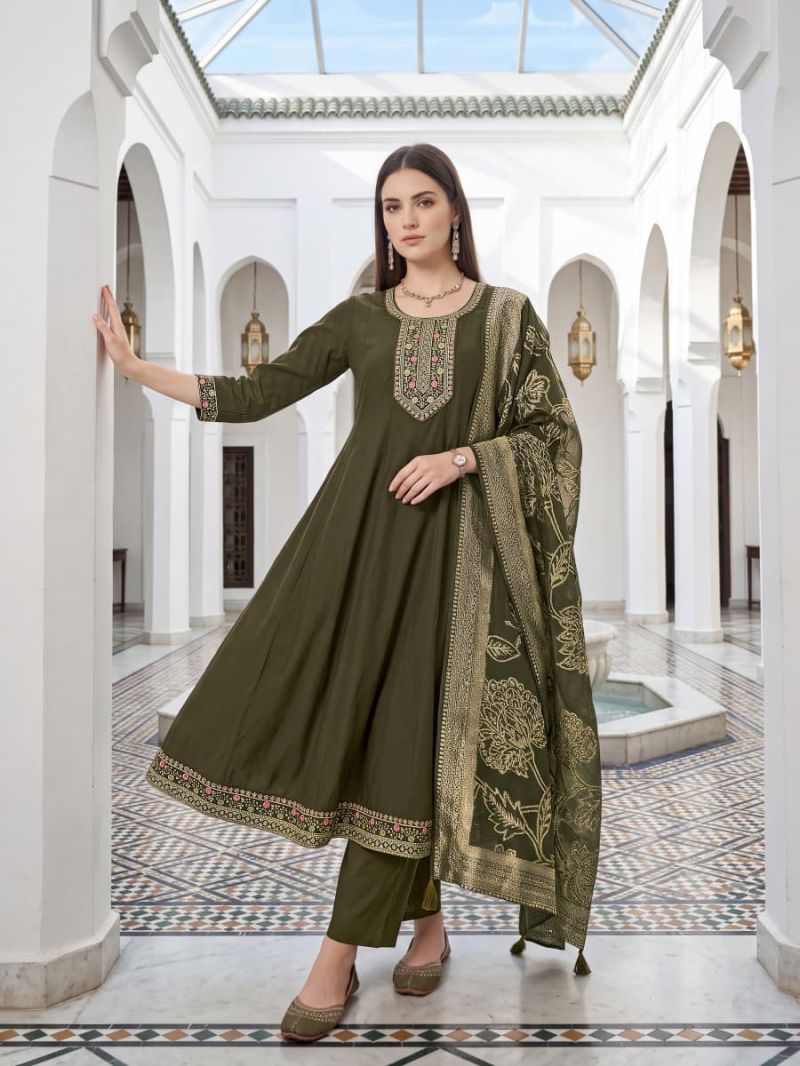 Ossm Resham Vol 3 Viscose Roman Silk Flared Kurti With Pant Dupatta Set