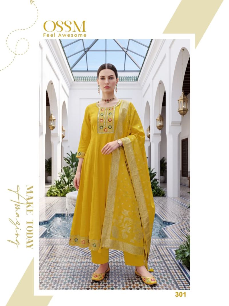 Ossm Resham Vol 3 Viscose Roman Silk Flared Kurti With Pant Dupatta Set — Wholesale Kurtis, Vardan Ethnic wholesale from Surat - Gallery Image 3