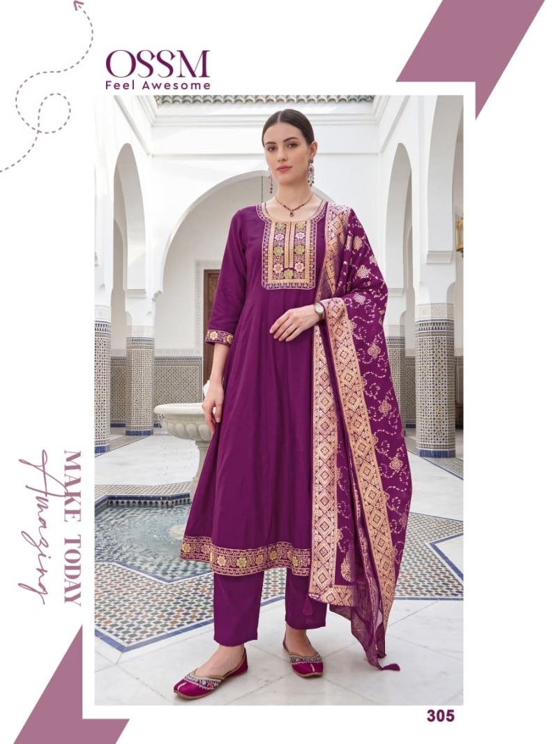 Ossm Resham Vol 3 Viscose Roman Silk Flared Kurti With Pant Dupatta Set — Wholesale Kurtis, Vardan Ethnic wholesale from Surat - Gallery Image 4