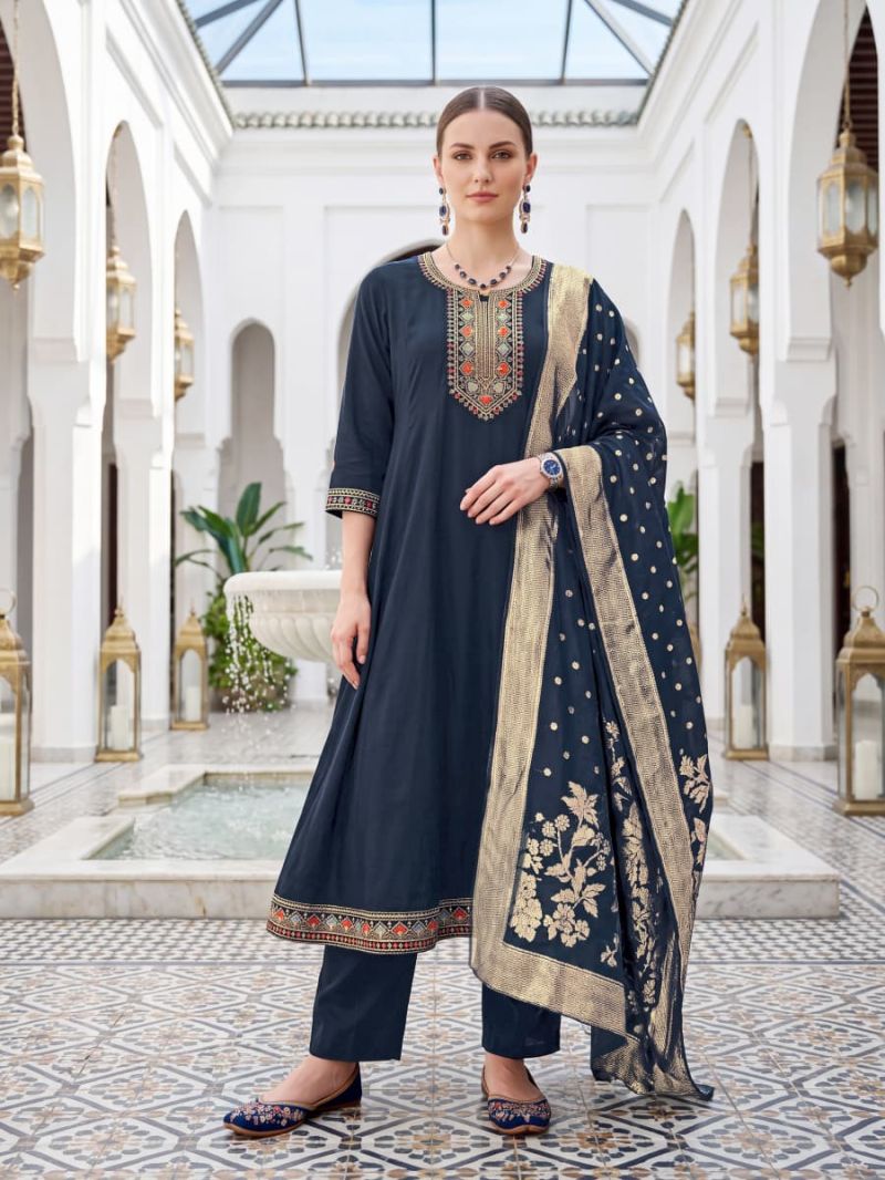Ossm Resham Vol 3 Viscose Roman Silk Flared Kurti With Pant Dupatta Set — Wholesale Kurtis, Vardan Ethnic wholesale from Surat - Gallery Image 5