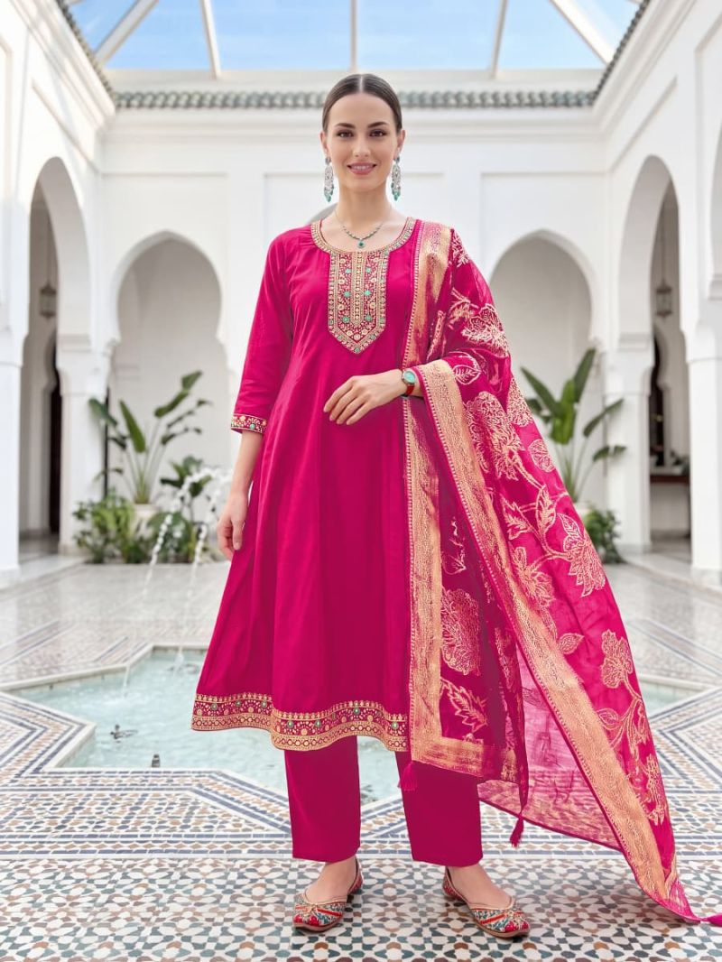 Ossm Resham Vol 3 Viscose Roman Silk Flared Kurti With Pant Dupatta Set — Wholesale Kurtis, Vardan Ethnic wholesale from Surat - Gallery Image 6