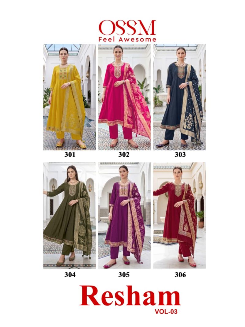 Ossm Resham Vol 3 Viscose Roman Silk Flared Kurti With Pant Dupatta Set — Wholesale Kurtis, Vardan Ethnic wholesale from Surat — view 7