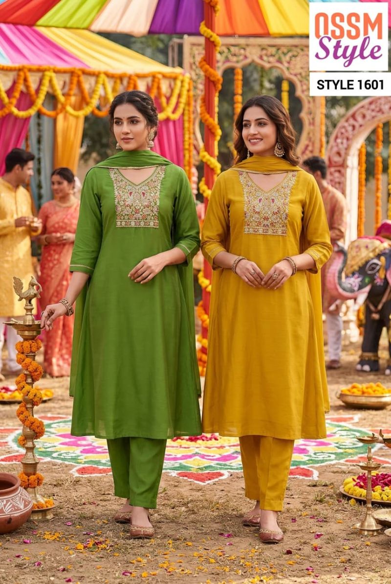 Ossm Style 1601 Plus Size Viscose Mul Chanderi Beads And Hand Work Kurti With Bottom Dupatta Set