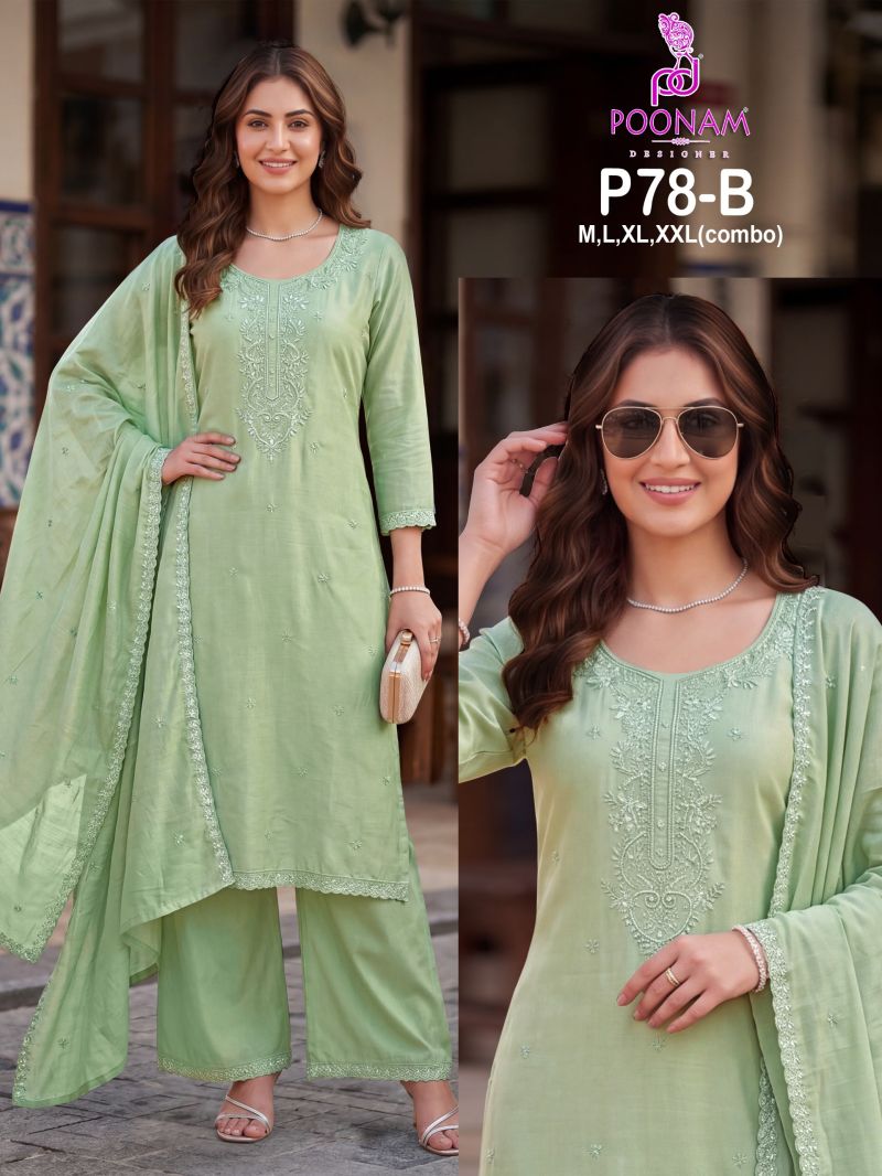 Poonam P 78 A To D Mul Chanderi Beads Work Kurti With Bottom Dupatta Set