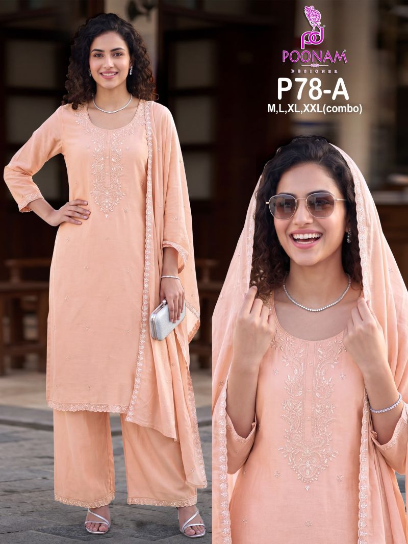 Poonam P 78 A To D Mul Chanderi Beads Work Kurti With Bottom Dupatta Set — Wholesale Kurtis, Vardan Ethnic wholesale from Surat — view 4