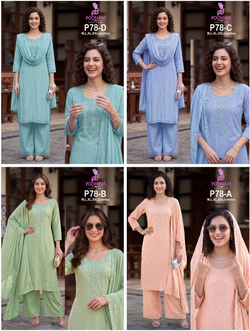 Poonam P 78 A To D Mul Chanderi Beads Work Kurti With Bottom Dupatta Set — Wholesale Kurtis, Vardan Ethnic wholesale from Surat — view 5