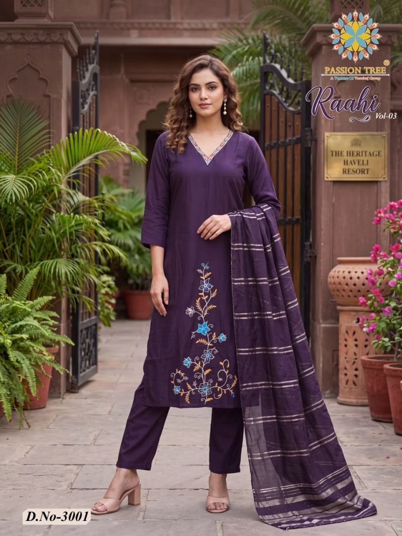 Raahi Vol 3 By Passion Tree Roman Silk Embroidered Kurti With Bottom Dupatta Set