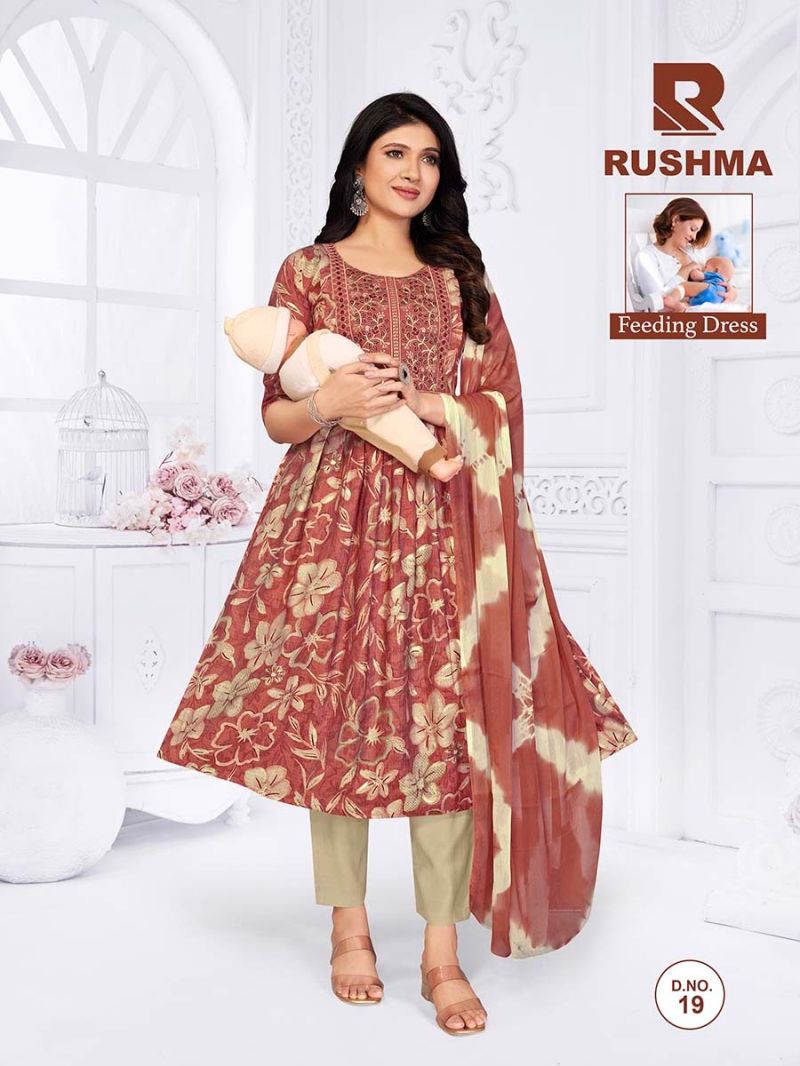 Raashi Rushma Vertican Silk Foil Print Embroidered Feeding Kurti WIth Bottom Dupatta Set