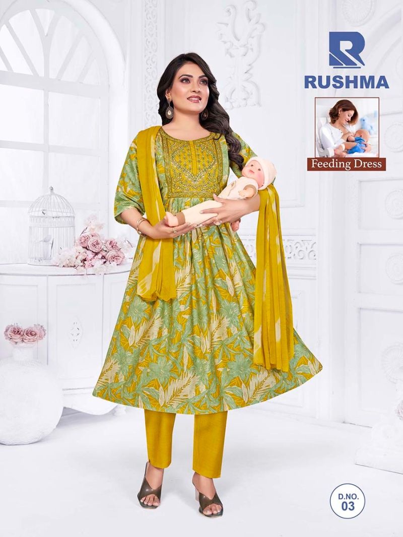 Raashi Rushma Vertican Silk Foil Print Embroidered Feeding Kurti WIth Bottom Dupatta Set — Wholesale Readymade Suit, Vardan Ethnic wholesale from Surat — Photo 3