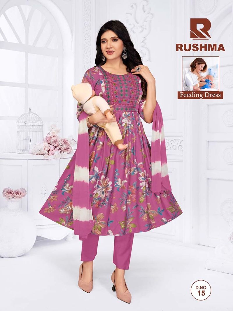 Raashi Rushma Vertican Silk Foil Print Embroidered Feeding Kurti WIth Bottom Dupatta Set — Wholesale Readymade Suit, Vardan Ethnic wholesale from Surat — Photo 4