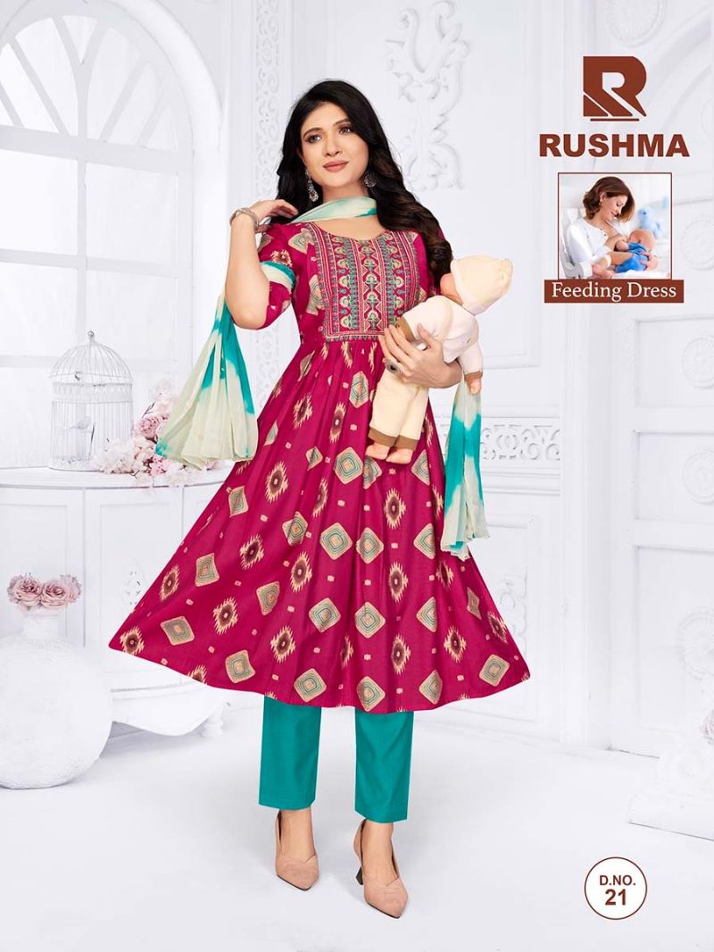 Raashi Rushma Vertican Silk Foil Print Embroidered Feeding Kurti WIth Bottom Dupatta Set — Wholesale Readymade Suit, Vardan Ethnic wholesale from Surat — Photo 5
