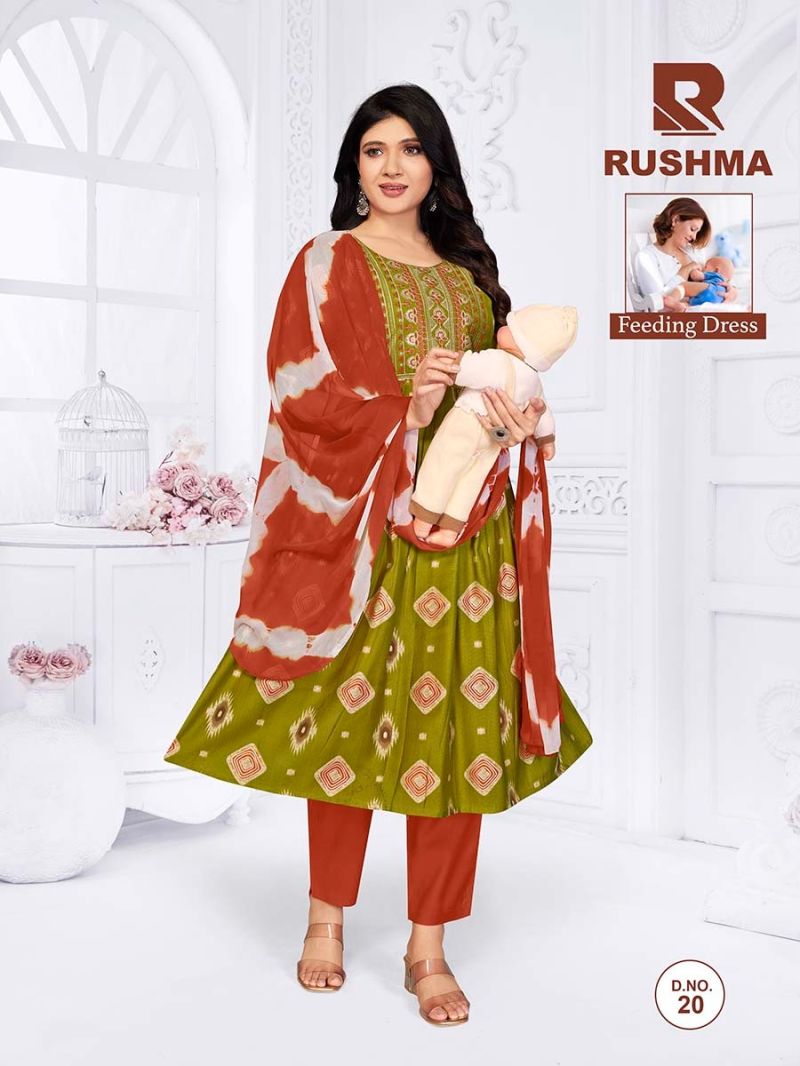 Raashi Rushma Vertican Silk Foil Print Embroidered Feeding Kurti WIth Bottom Dupatta Set — Wholesale Readymade Suit, Vardan Ethnic wholesale from Surat — Photo 2