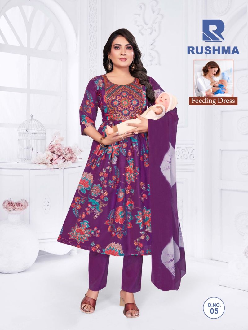 Raashi Rushma Vertican Silk Foil Print Embroidered Feeding Kurti WIth Bottom Dupatta Set — Wholesale Readymade Suit, Vardan Ethnic wholesale from Surat — Photo 6