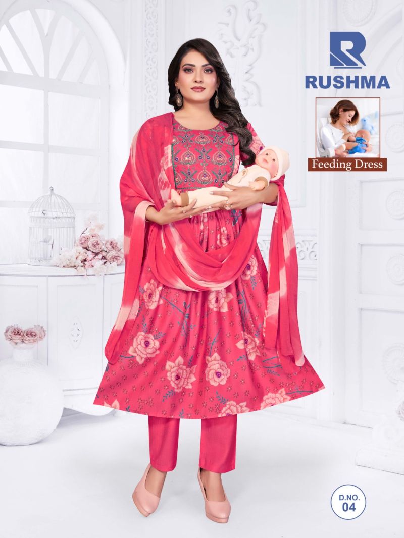 Raashi Rushma Vertican Silk Foil Print Embroidered Feeding Kurti WIth Bottom Dupatta Set — Wholesale Readymade Suit, Vardan Ethnic wholesale from Surat — Photo 7