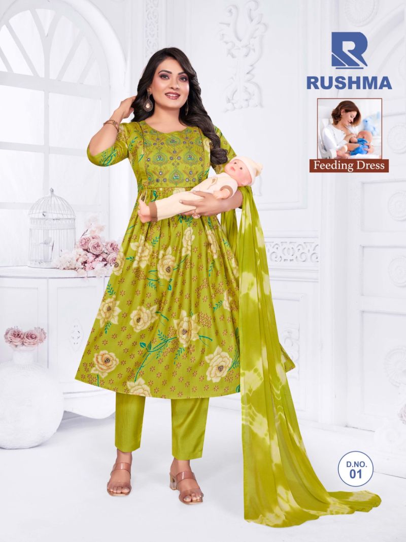 Raashi Rushma Vertican Silk Foil Print Embroidered Feeding Kurti WIth Bottom Dupatta Set — Wholesale Readymade Suit, Vardan Ethnic wholesale from Surat — Photo 8