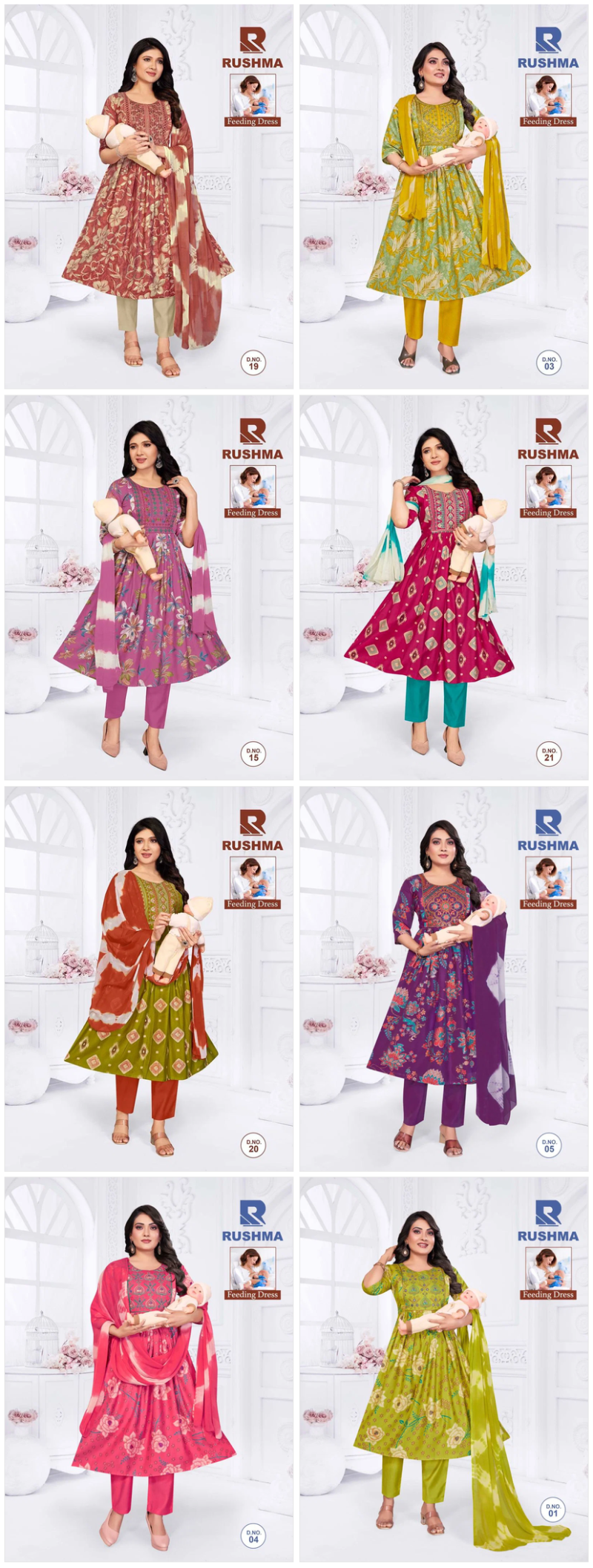 Raashi Rushma Vertican Silk Foil Print Embroidered Feeding Kurti WIth Bottom Dupatta Set — Wholesale Readymade Suit, Vardan Ethnic wholesale from Surat — Photo 9