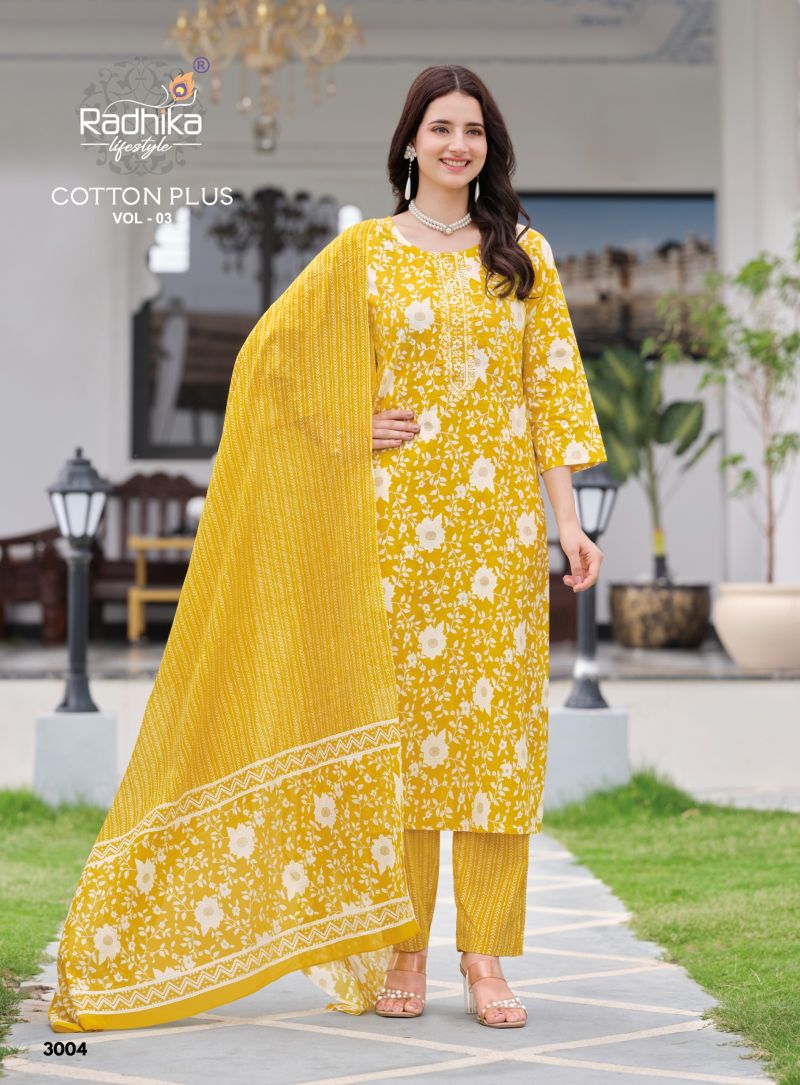 Radhika Cotton Plus Vol 3 Cotton Printed Kurti With Bottom Dupatta Set