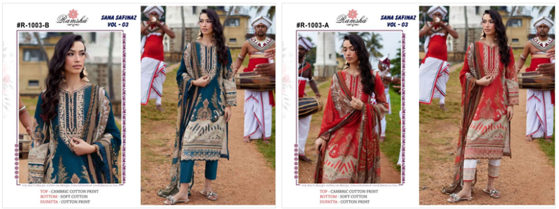 Ramsha Sana Safinaz Vol 3 Cambric Cotton Print Embroidered Salwar Kameez — Wholesale Kurtis, Ramsha wholesale from Surat — Photo 4