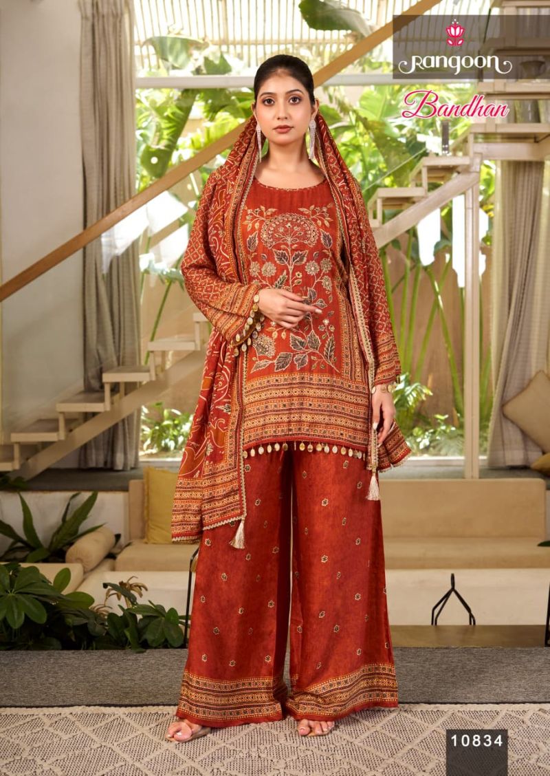 Rangoon Bandhan Pure Muslin Print With Aari Work Readymade Salwar Kameez — Wholesale Readymade Suit, Vardan Ethnic wholesale from Surat — view 2