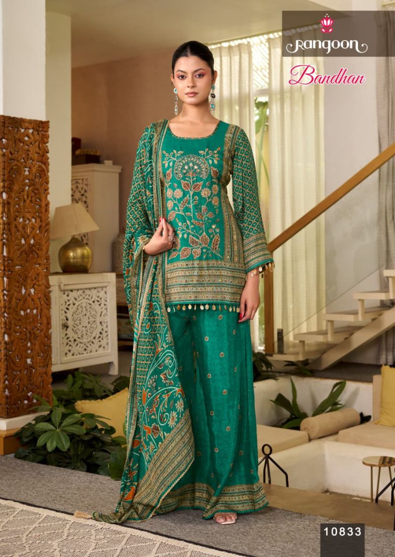 Rangoon Bandhan Pure Muslin Print With Aari Work Readymade Salwar Kameez — Wholesale Readymade Suit, Vardan Ethnic wholesale from Surat — view 3