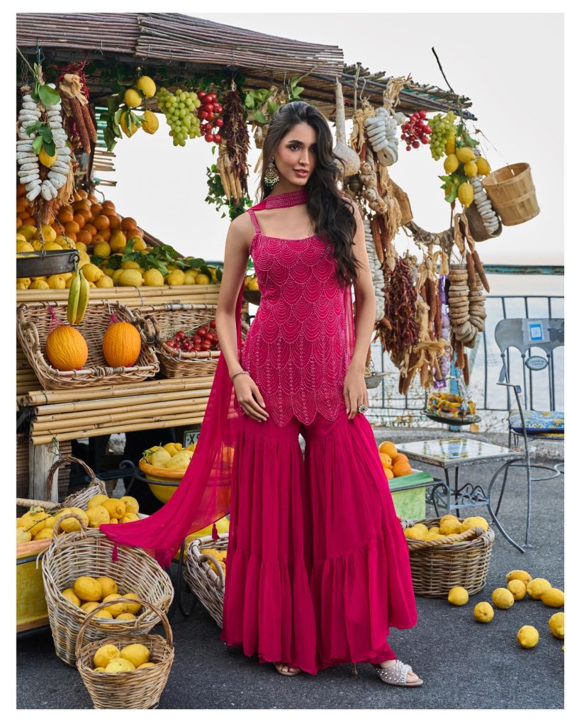 Sayuri Divya Georgette Beads Embroidered Kurti Sharara With Chokar Dupatta Set — Wholesale Readymade Suit, Vardan Ethnic wholesale from Surat — view 2