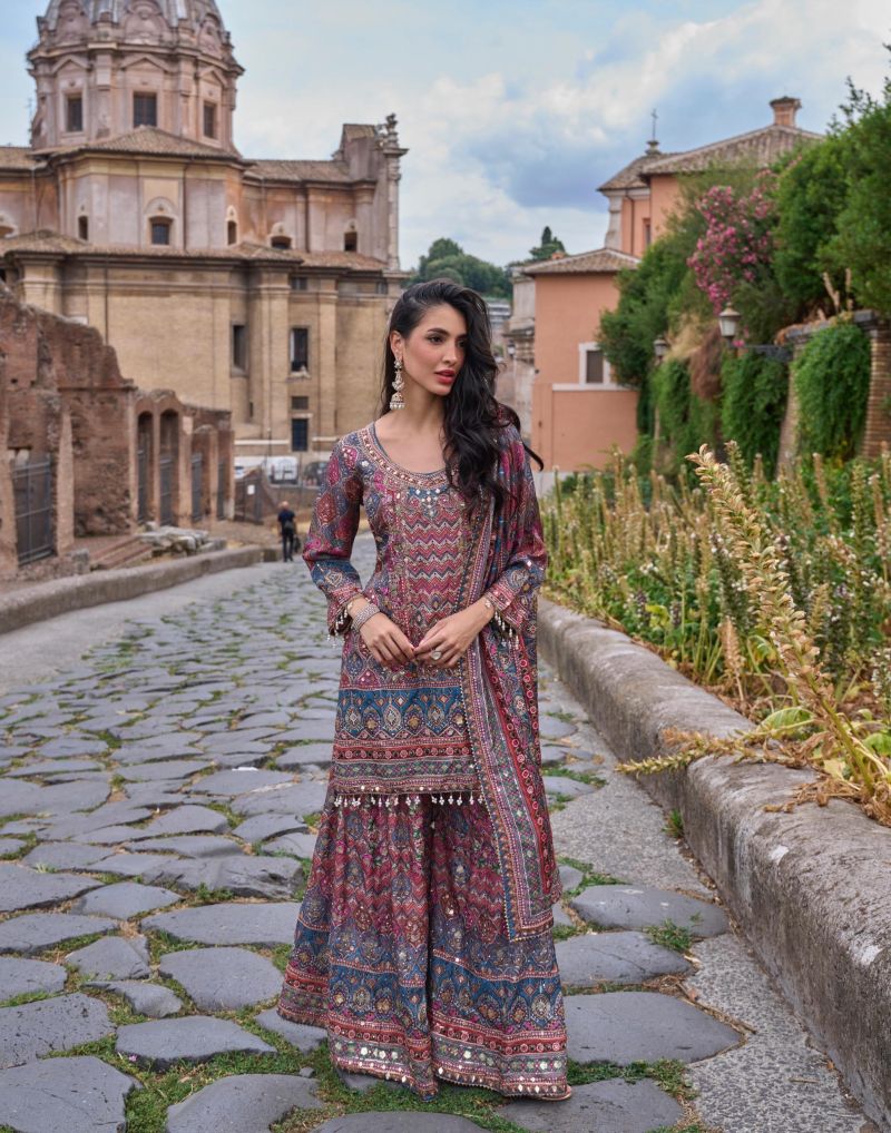 Print Aari Work Kurti With Sharara Dupatta Set — Wholesale Kurtis, Sayuri wholesale from Surat — Photo 6