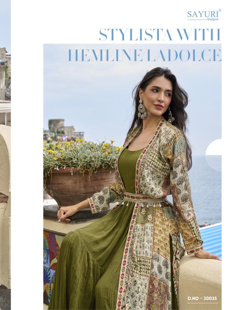 Sayuri Pakhi Crepe Silk Embroidered Festival Wear Gown Koti With Belt Catalog — Wholesale Readymade Suit, Sayuri wholesale from Surat - Gallery Image 3