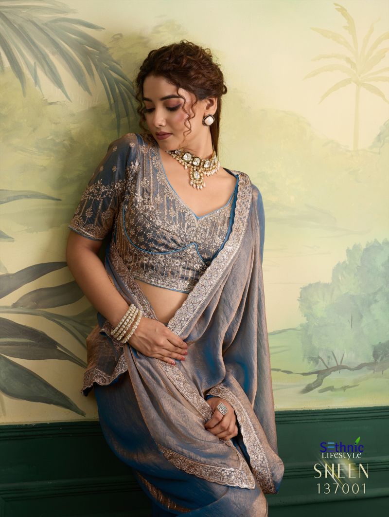 Sethnic Sheen Rise Velvet Chiffon Embroidered Sequence Saree Catalog — Organza Saree, Sethnic wholesale from Surat — Photo 5