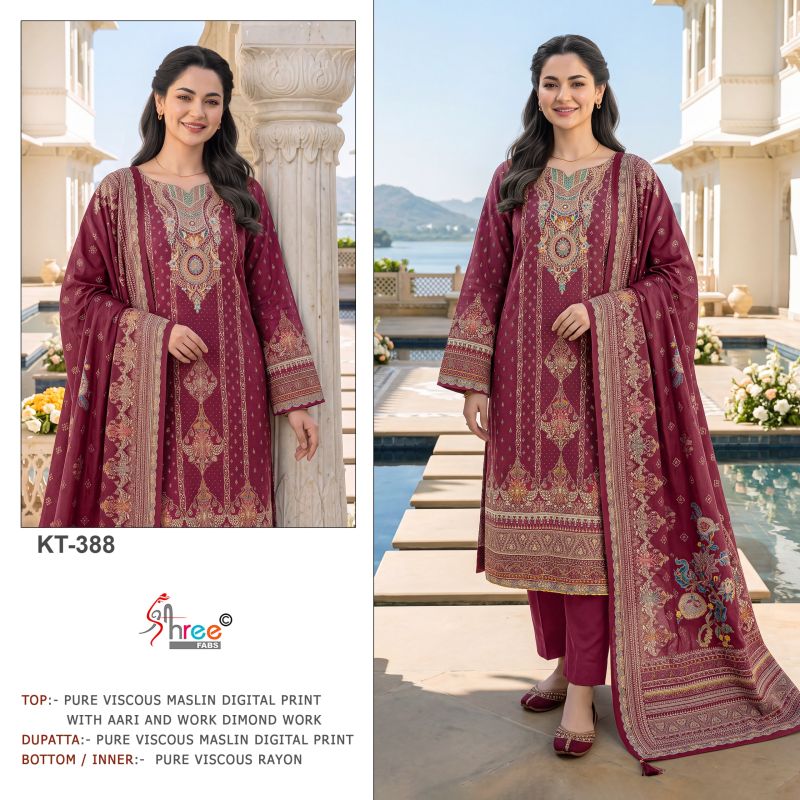 Shree Kt 388 Viscose Maslin Digital print Hand Work Salwar Kameez — Wholesale Pakistani Suits, Vardan Ethnic wholesale from Surat — view 2