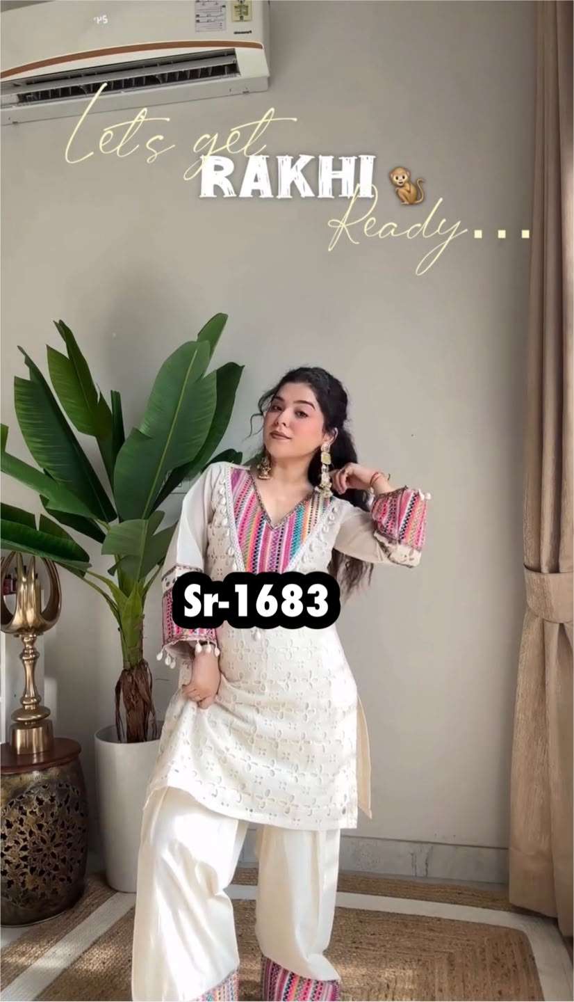 Sr 1683 Cotton Schifli Beautiful Designer Work Festive Wear Top With Bottom Pair — Wholesale Cotton Kurti Pant Set, Vardan Ethnic wholesale from Surat — view 5