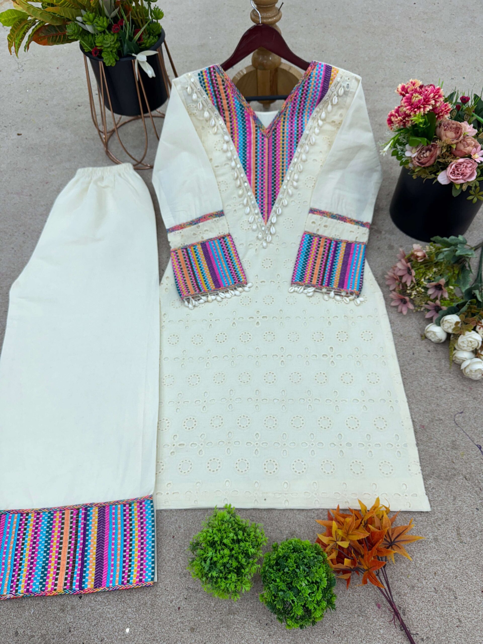 Sr 1683 Cotton Schifli Beautiful Designer Work Festive Wear Top With Bottom Pair — Wholesale Cotton Kurti Pant Set, Vardan Ethnic wholesale from Surat — view 4