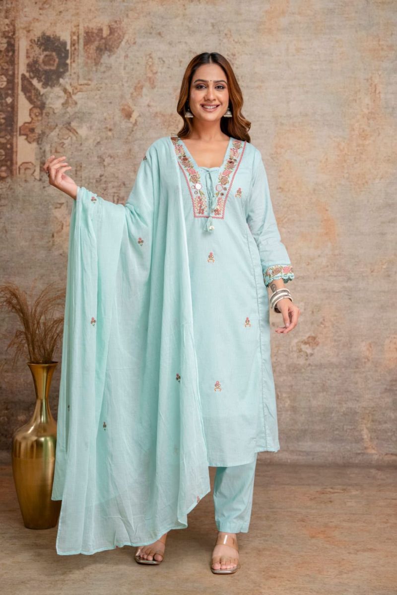 Tlc Vol 100 Silly Cotton Mirror Embroidered Kurti With Bottom Dupatta Set — Wholesale Kurtis wholesale from Surat — view 10
