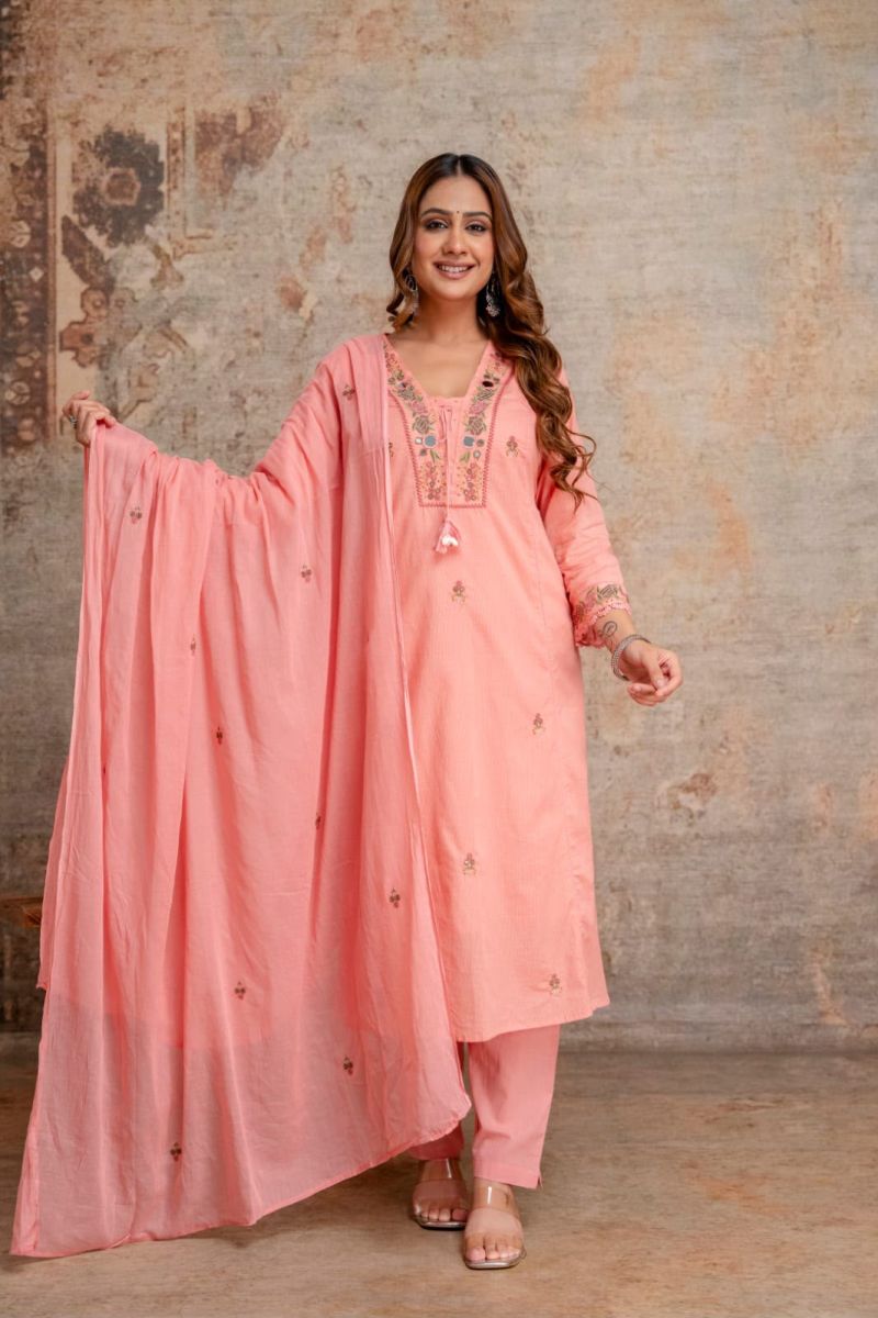 Tlc Vol 100 Silly Cotton Mirror Embroidered Kurti With Bottom Dupatta Set