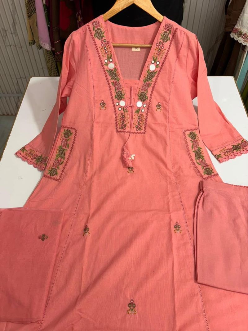 Tlc Vol 100 Silly Cotton Mirror Embroidered Kurti With Bottom Dupatta Set — Wholesale Kurtis wholesale from Surat — view 7