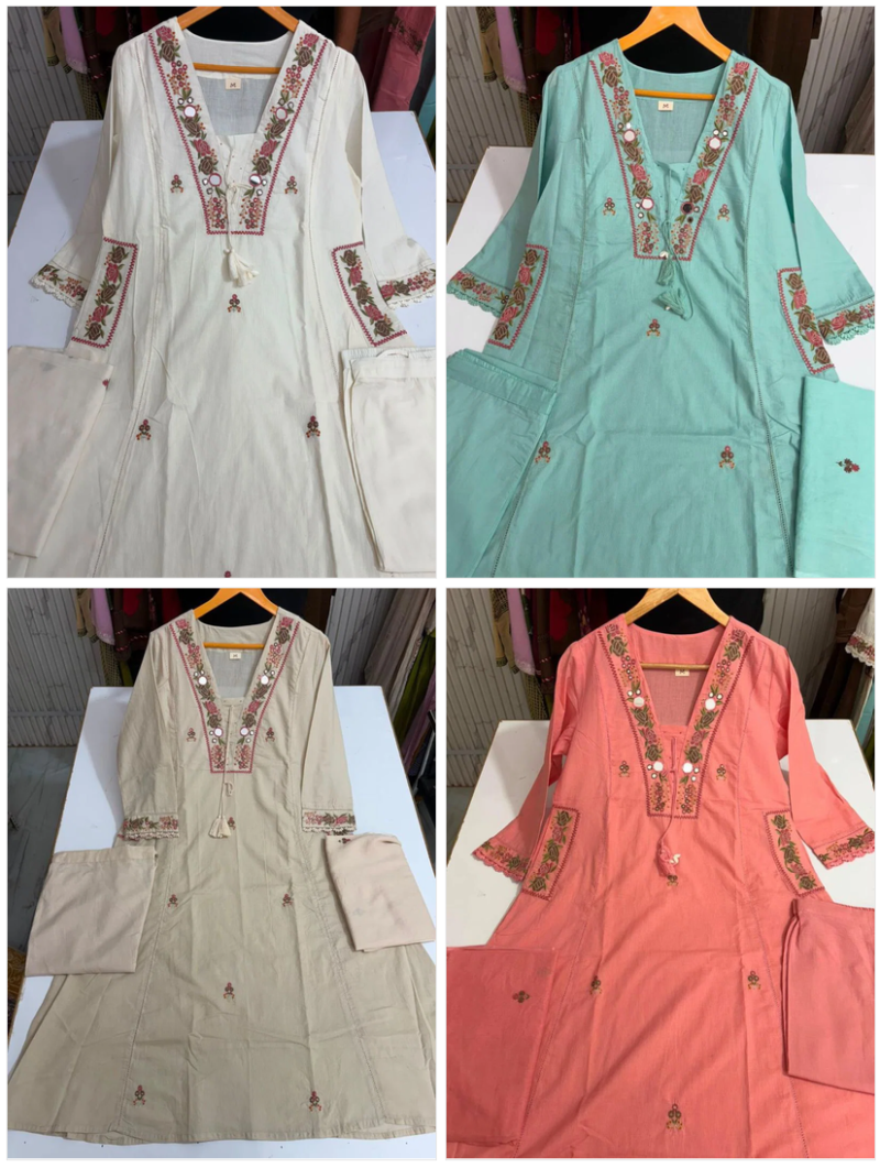 Tlc Vol 100 Silly Cotton Mirror Embroidered Kurti With Bottom Dupatta Set — Wholesale Kurtis wholesale from Surat — view 8