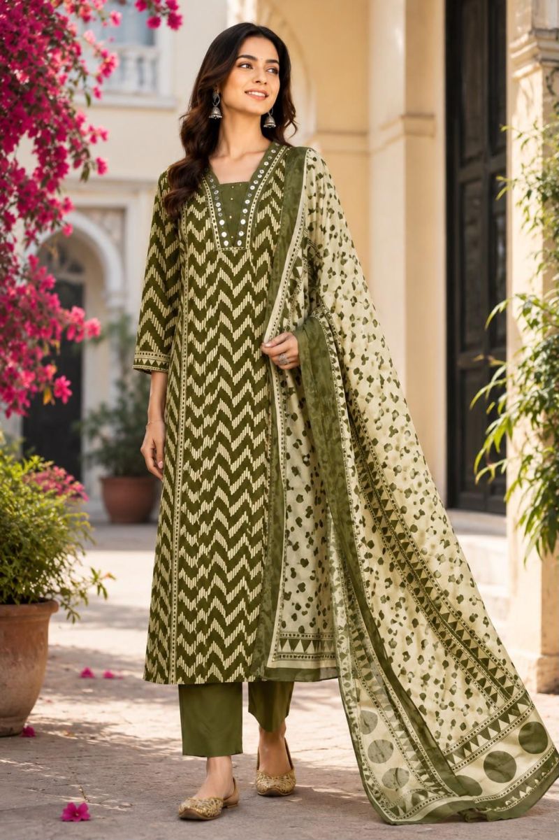 Tlc Vol 108 Cotton Mirror Work Embroidered Kurti WIth Bottom Dupatta Set — Wholesale Kurtis, Vardan Ethnic wholesale from Surat - Gallery Image 3