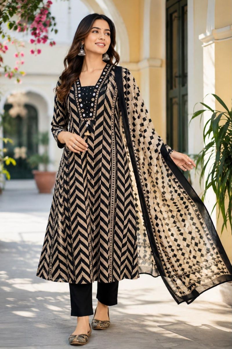Tlc Vol 108 Cotton Mirror Work Embroidered Kurti WIth Bottom Dupatta Set