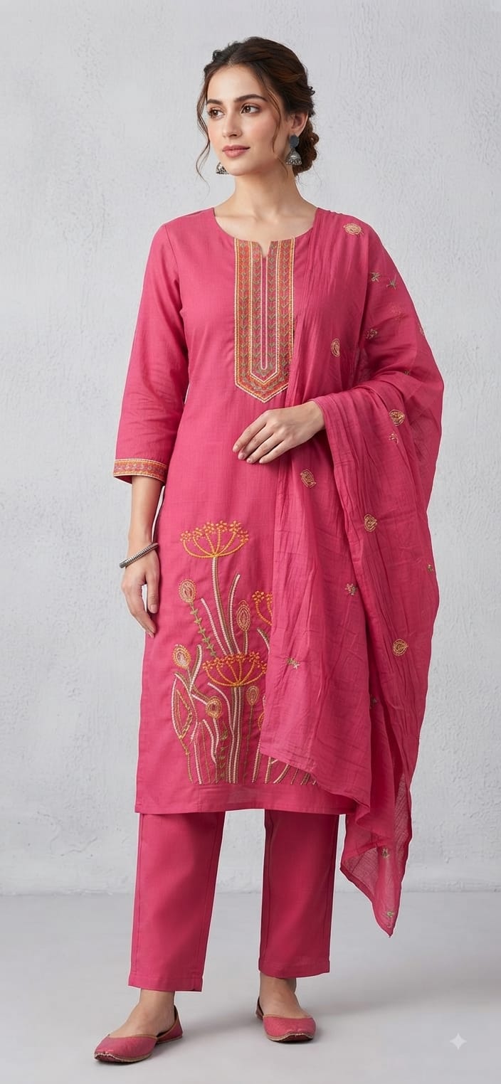 Tlc Vol 109 Cotton Embroidered Kurti With Bottom Dupatta Set